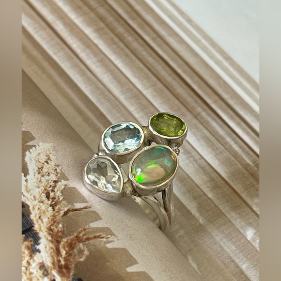 925 Sterling Silver natural Multi-Stone Fire Opal Ring,Topaz Peridot, OS - Picture 3 of 13